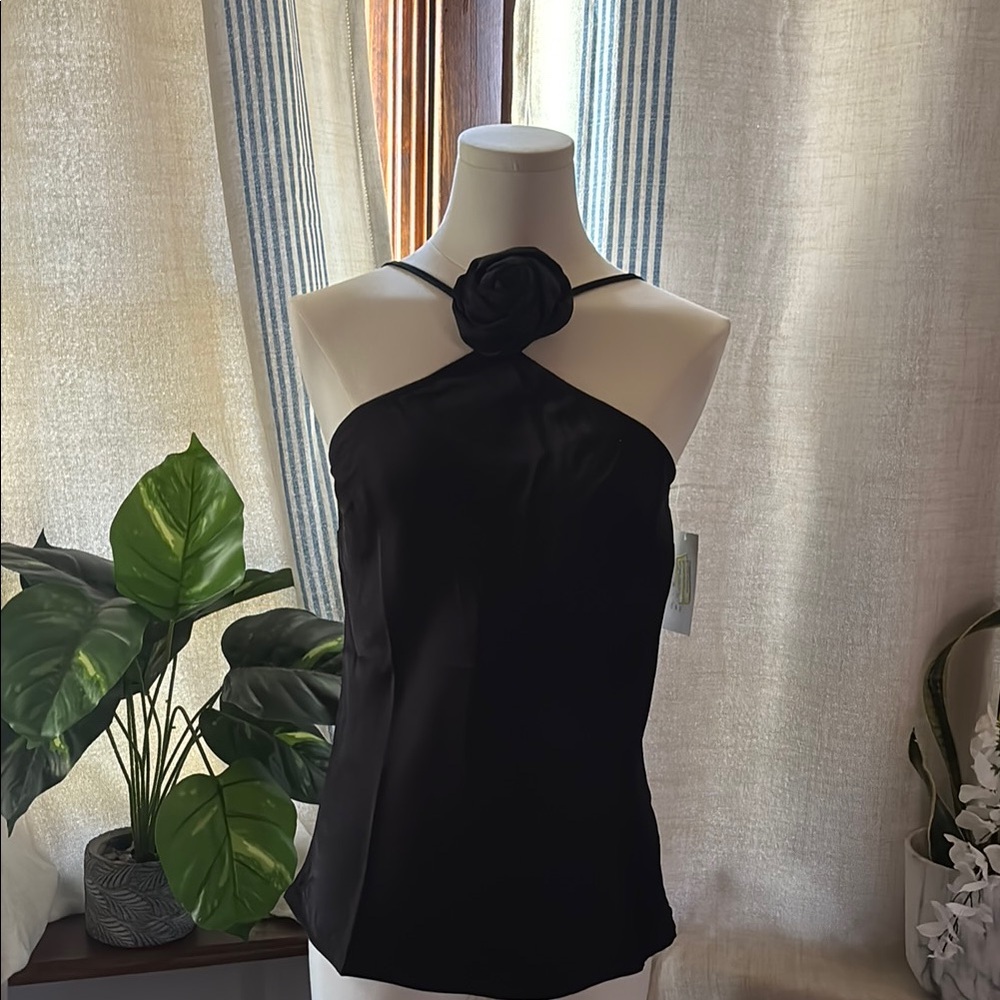 Elegant Black Halter Top with Floral Accent